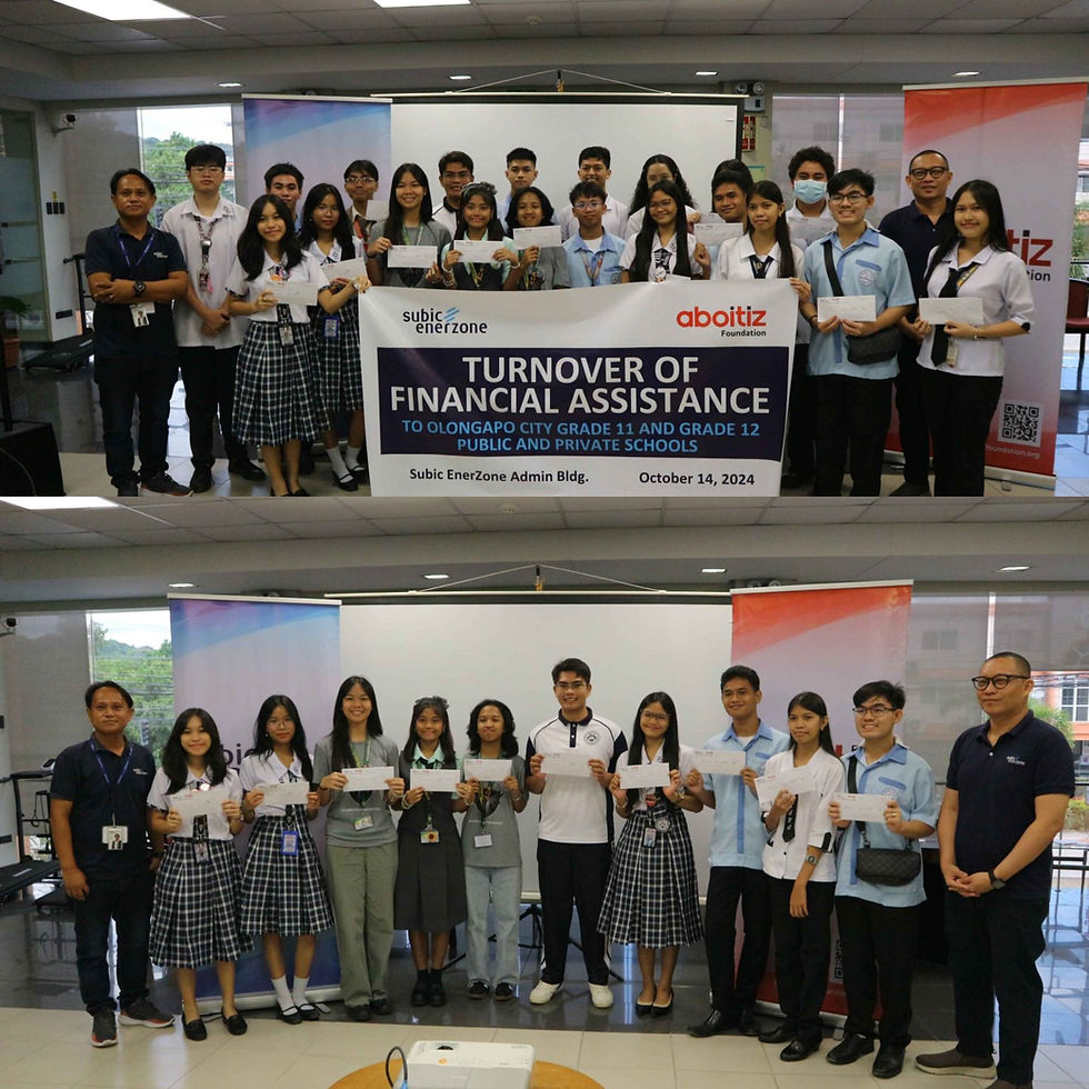 Students from Olongapo City pose with their financial assistance awards during a turnover ceremony held at Subic EnerZone on October 8, 2024, in partnership with Aboitiz Foundation Inc.